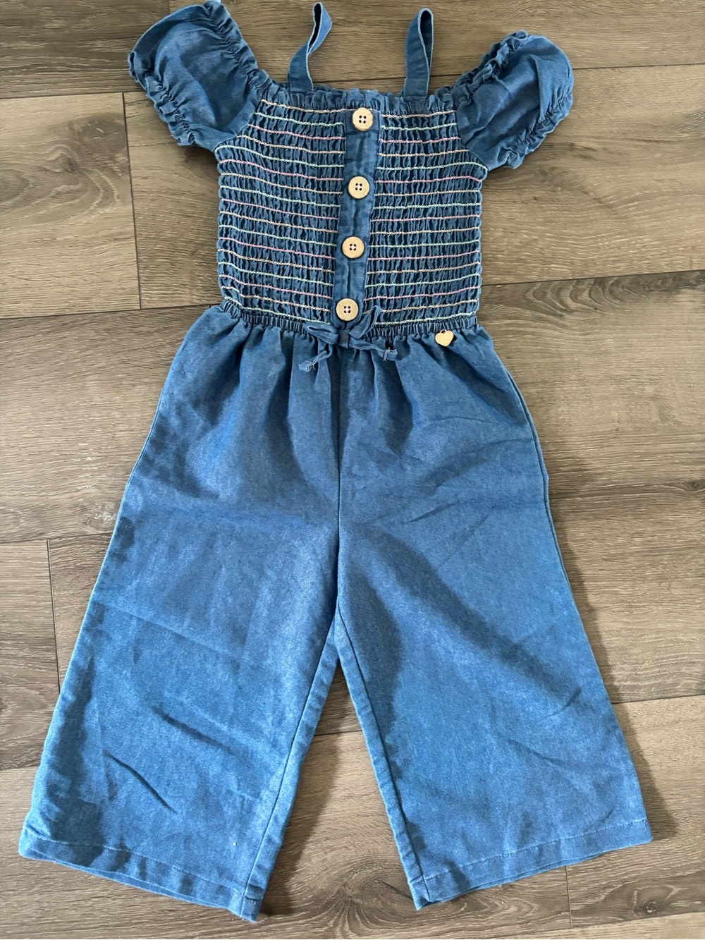 Vince Camuto Girls Denim-Blue Smocked Wide-Leg Jumpsuit